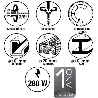 Parafusadeira/furadeira 280 W 3/8" 220 V Para Uso Profissional Com Velocidade Variável E