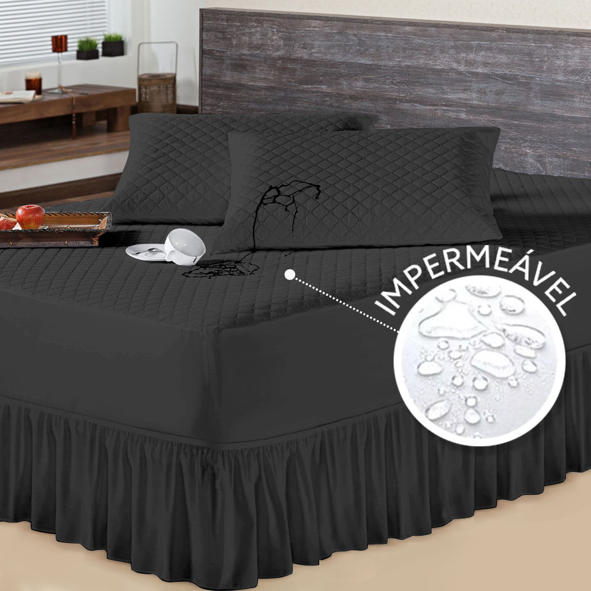 Protetor Impermeável de Colchão Casal Queen mais 2 Porta Travesseiro com Saia Box Preto