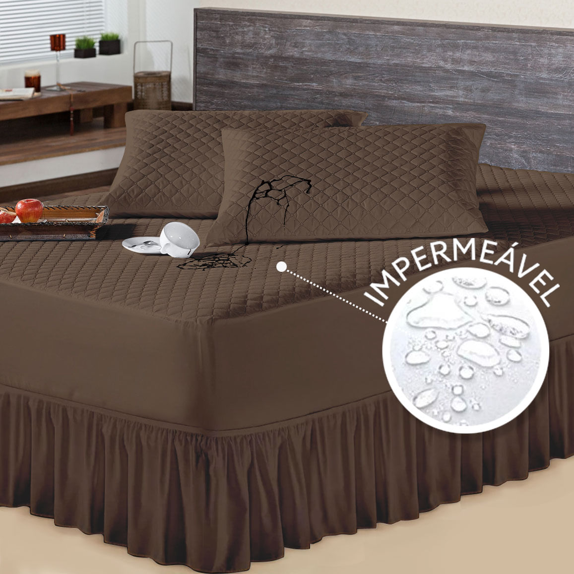 Protetor P/ Colchão Casal Queen + 2 Porta Travesseiro Impermeável + Saia Box Tabaco