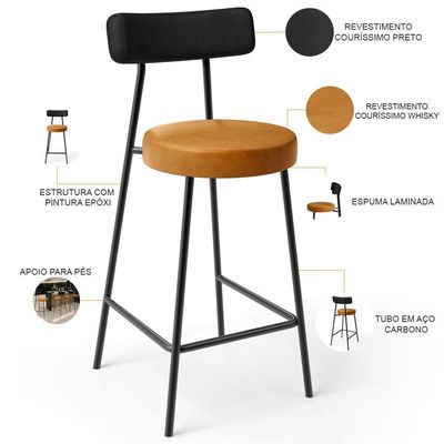 Banqueta Baixa Cozinha Sala Jantar Bancada Milão L02 Couríssimo Preto Whisky