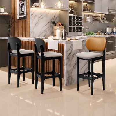 Kit 3 Banquetas Alta Betta Preto Whisky Linho Bege
