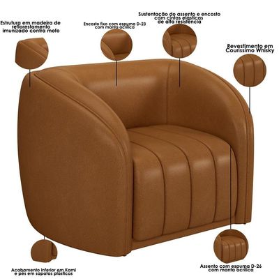 Kit Sofá 5 Lugares Para Sala Estar 332 Cm Com 01 Poltrona Lazio M03 Couríssimo Whisky - Lyam Decor