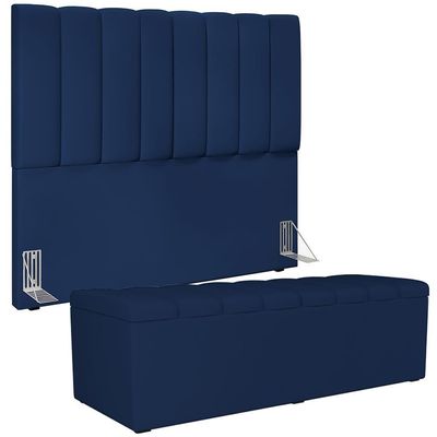 Kit Cabeceira Casal 140cm Calçadeira Baú Azul Marinho