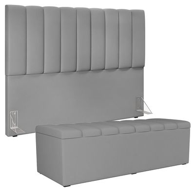 Kit Cabeceira Cama Box Casal Queen 160cm Com Calçadeira Baú Cinza