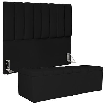 Kit Cabeceira Casal 140cm Com Calçadeira Recamier Baú Preto