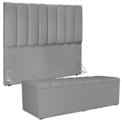 Kit Cabeceira Casal 140cm Com Calçadeira Recamier Baú Cinza