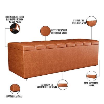Kit Cabeceira Casal 140cm E Calçadeira Recamier Baú Camel