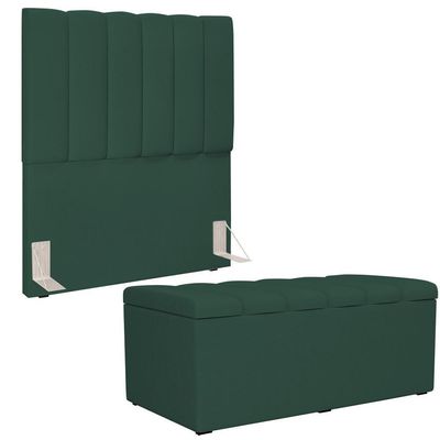 Kit Cabeceira Solteiro 100cm Com Calçadeira Baú Verde Musgo