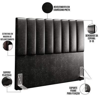 Kit Cabeceira Casal 140cm Calçadeira Recamier Baú Preto