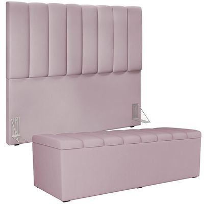 Kit Cabeceira Casal 140cm C/Calçadeira Recamier Baú Rosê