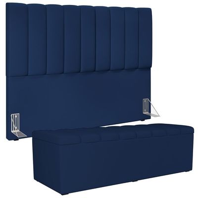 Kit Cabeceira Casal Queen 160cm Calçadeira Baú Azul Marinho