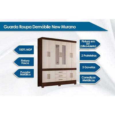 Guarda Roupa Casal 10 Portas e 3 Gavetas c/ Espelho c/Pés New Murano Amêndola Touch - Demóbile