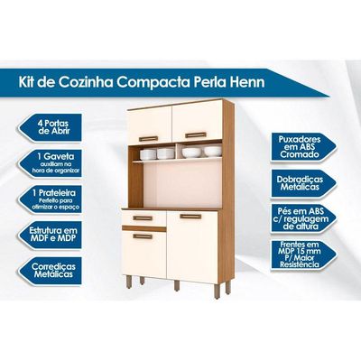 Cozinha Compacta Perla Briz c/4 Portas e 1 Gaveta 105x38x180cm Nature/Off White - Henn