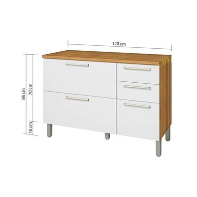 Balcão de Cozinha Burguesa p/Pia Premium 2 Portas e 3 Gavetas c/ Tampo 120cm Freijo/Grafite - Nesher