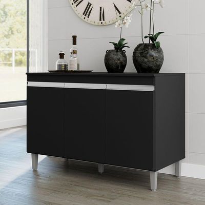 Balcão Gabinete De Pia Com Tampo 120cm 3 Portas Manu - Ajl Móveis Cor Preto