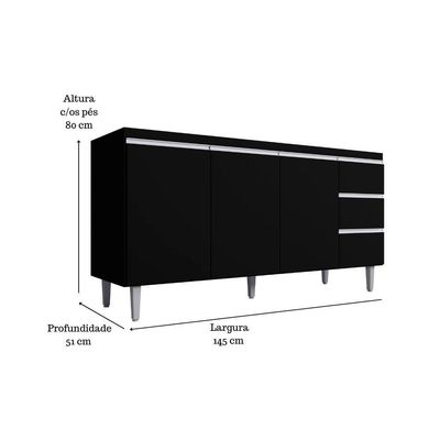 Balcão Gabinete Para Pia Andreia Sem Tampo 150cm 3 Portas 3 Gavetas Preto