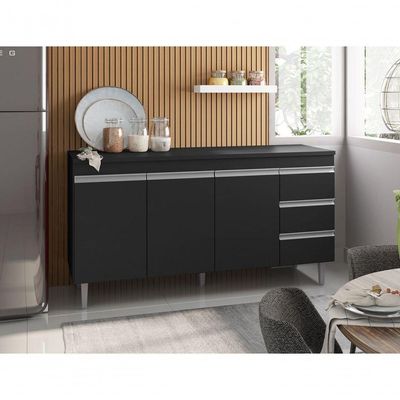 Balcão Gabinete Para Pia Andreia Sem Tampo 150cm 3 Portas 3 Gavetas Preto