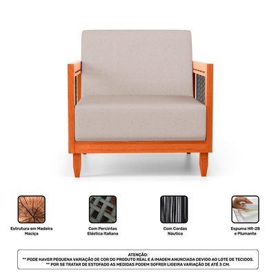 Kit 02 Poltronas E 01 Sofá Samoa Madeira Maciça Com Cordas Náutica Linho Rústico Areia - Desk Design
