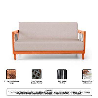 Kit 02 Poltronas E 01 Sofá Samoa Madeira Maciça Com Cordas Náutica Linho Rústico Areia - Desk Design
