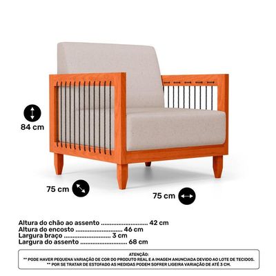 Kit 02 Poltronas E 01 Sofá Samoa Madeira Maciça Com Cordas Náutica Linho Rústico Areia - Desk Design
