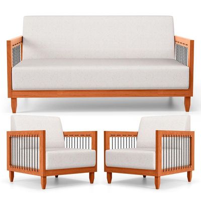 Kit 02 Poltronas E 01 Sofá Samoa Madeira Maciça Com Cordas Náutica Linho Natural - Desk Design