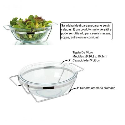 Saladeira De Vidro 3l Gourmet Luxo Com Suporte Massas Sopas