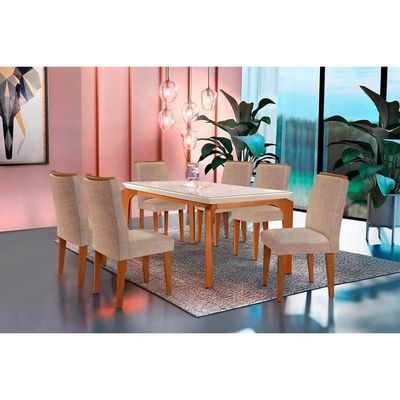 Sala De Jantar Completa Londrina Tampo Madeirado C/ Vidro 180Cm + 6 Cadeiras Lunara Imbuia/Bege