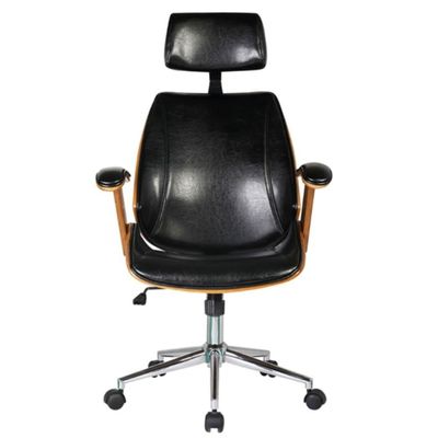 Cadeira Giratória Lisboa Bergen Rivatti C/ Encosto De Cabeça Madeira Laminada Pu Preto Base Rodízio