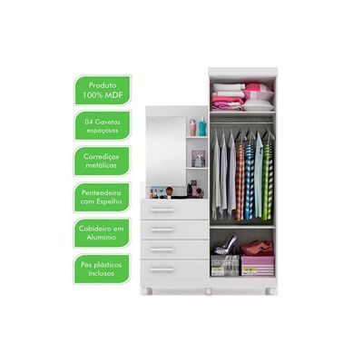 Guarda Roupa Solteiro 2 Portas e 4 Gavetas c/ Espelho Melissa Nature/Off White - ACP