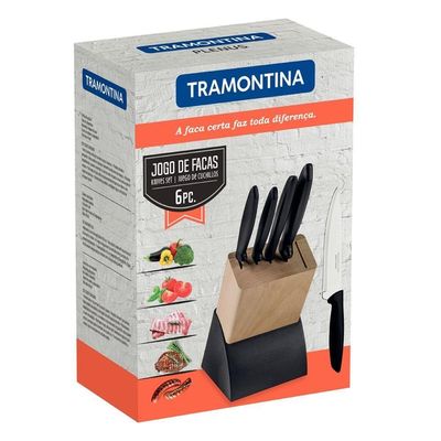 Kit - 3 Jogos De Facas Plenus Lâminas Aço Inox E Suporte De Madeira 6 Peças - Tramontina