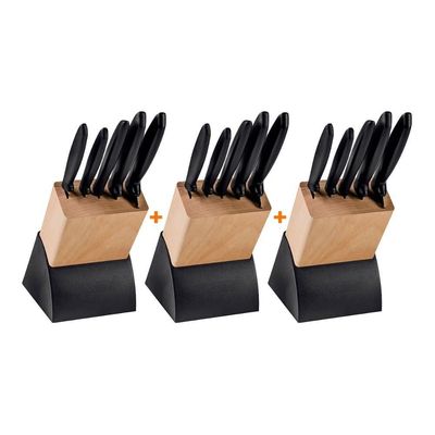 Kit - 3 Jogos De Facas Plenus Lâminas Aço Inox E Suporte De Madeira 6 Peças - Tramontina