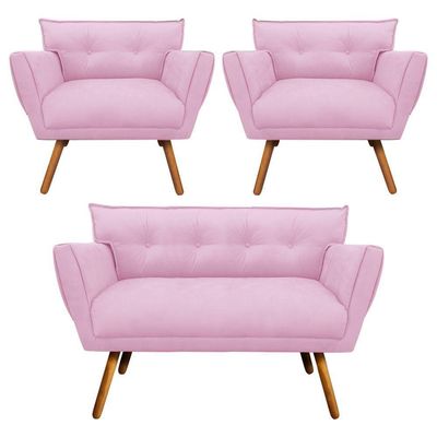 Kit 01 Namoradeira E 02 Poltronas Anitta Suede Pés Palito Castanho D'rossi Cor Rosa Bebê
