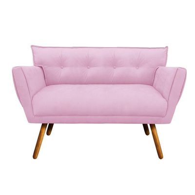 Kit 01 Namoradeira E 02 Poltronas Anitta Suede Pés Palito Castanho D'rossi Cor Rosa Bebê