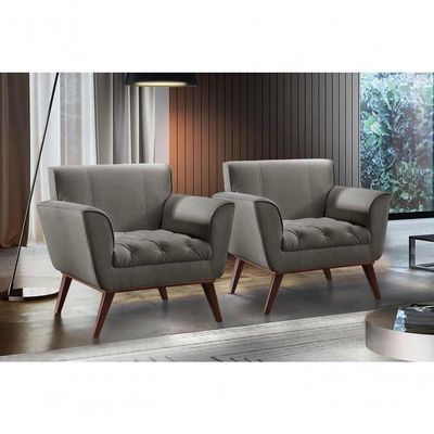 Conjunto - 2 Poltronas Lise Luxo Madeira Maciça Castellar Linho Cinza