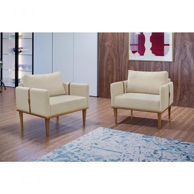 Conjunto - 2 Poltronas Milla Luxo Madeira Maciça Castellar Veludo Bege Claro