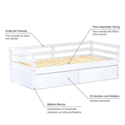 Cama Solteiro Slim Rb Com 02 Gavetas Madeira Maciça Branco Housin