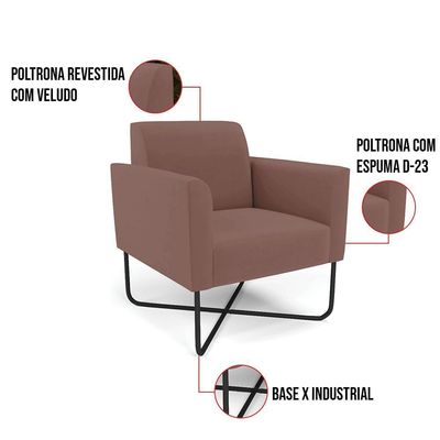Poltrona Base X Industrial Preto Marisa Veludo Rosê D03 - D\'rossi