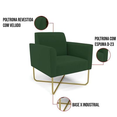 Poltrona Base X Industrial Dourado Marisa Veludo D03 - D\'rossi Cor Verde