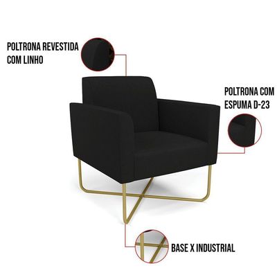 Kit 2 Poltronas Base X Industrial Dourado Marisa Linho D03 - D\'rossi Cor A79 Preto