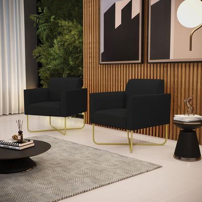 Kit 2 Poltronas Base X Industrial Dourado Marisa Linho D03 - D\'rossi Cor A79 Preto