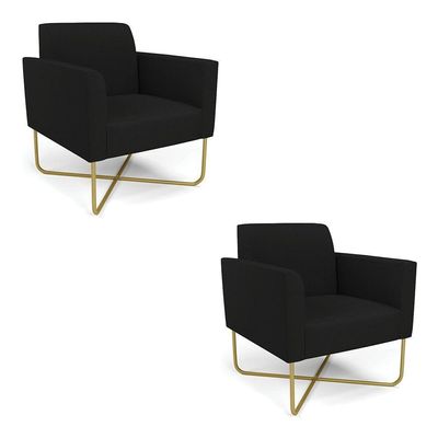 Kit 2 Poltronas Base X Industrial Dourado Marisa Linho D03 - D\'rossi Cor A79 Preto