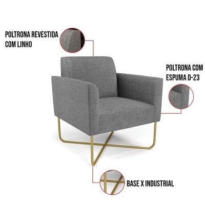 Kit 2 Poltronas Base X Industrial Dourado Marisa Linho D03 - D\'rossi Cor A26 Grafite