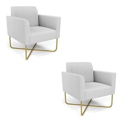Kit 2 Poltronas Base X Industrial Dourado Marisa Linho D03 - D\'rossi Cor A05 Cinza
