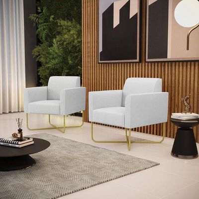 Kit 2 Poltronas Base X Industrial Dourado Marisa Linho D03 - D\'rossi Cor A05 Cinza