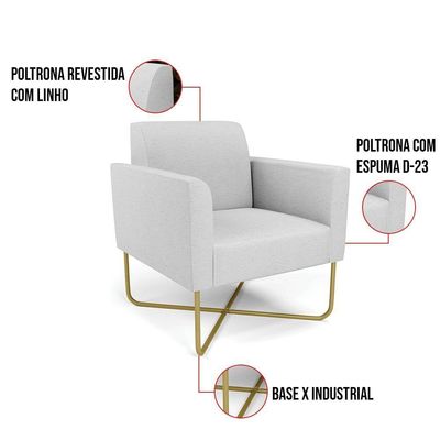 Kit 2 Poltronas Base X Industrial Dourado Marisa Linho D03 - D\'rossi Cor A05 Cinza
