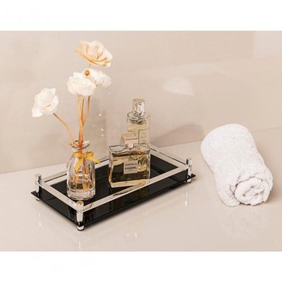 Bandeja Decorativa Preta Borda Aluminio 30x16 Aparador Organizador Casa Armário