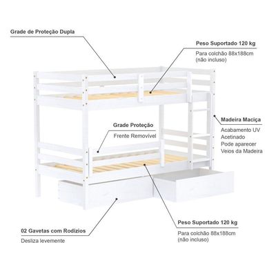 Beliche Infantil Slim Rb Com 02 Gavetas E Grade De Proteção Madeira Maciça Branco Housin
