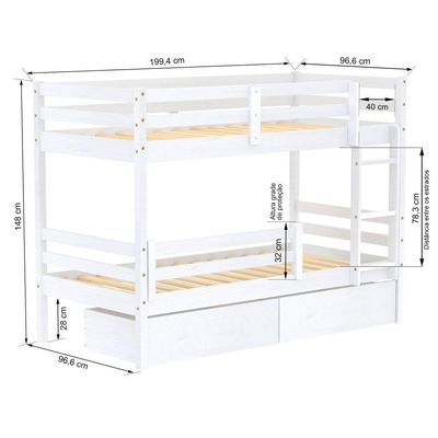 Beliche Infantil Slim Rb Com 02 Gavetas E Grade De Proteção Madeira Maciça Branco Housin