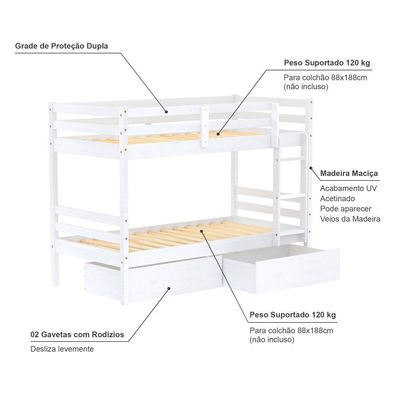 Beliche Infantil Slim Rb Com 02 Gavetas Madeira Maciça Branco Housin