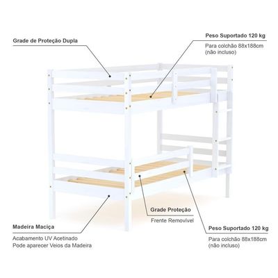 Beliche Infantil Slim Rb Com Grade De Proteção Madeira Maciça Branco Housin